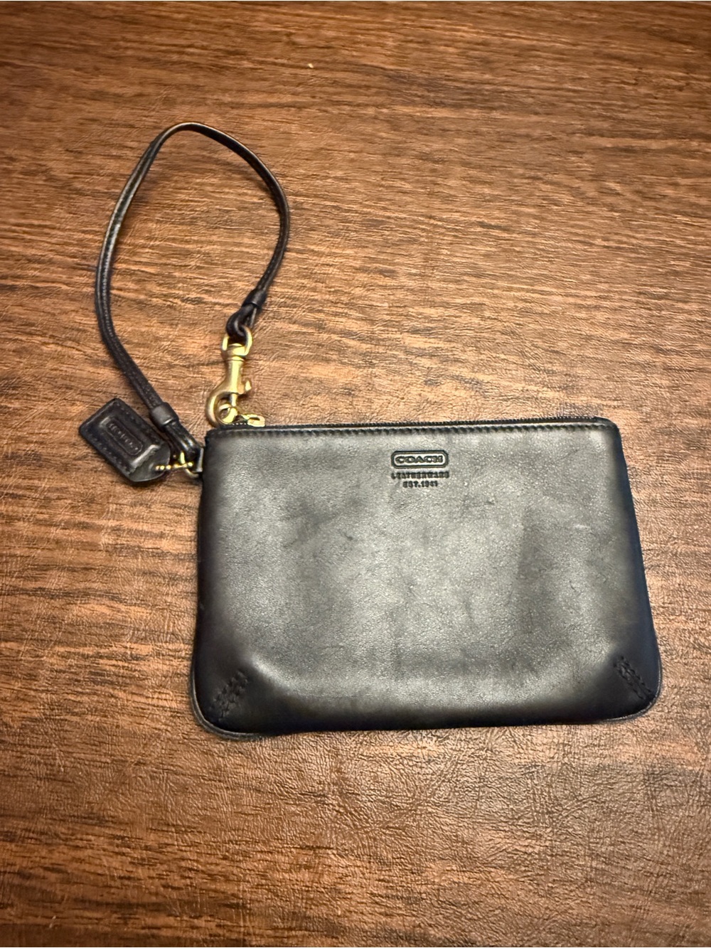 Coach Black Leather Wristlet with Gold Hardware and Strap